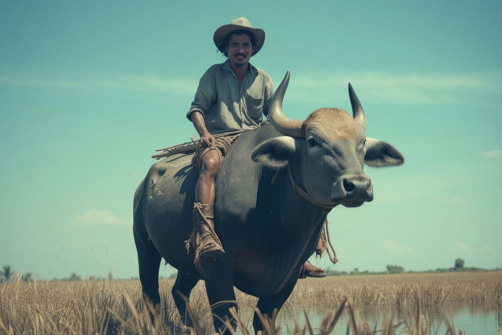 Thai man buffalo livestock wildlife.