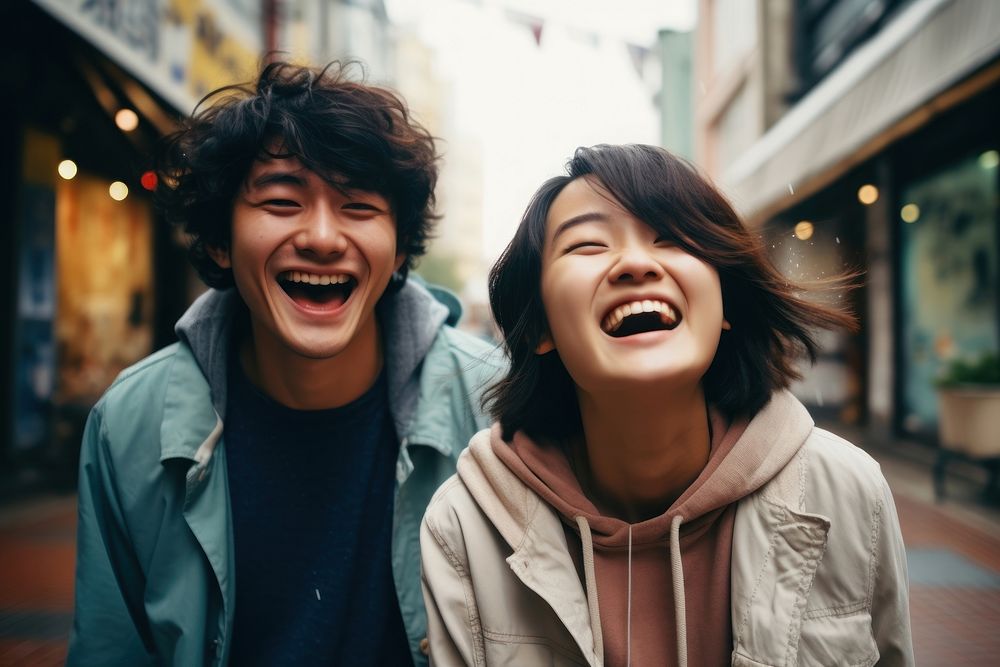 Couple japanese caming looking happy and fun laughing adult togetherness. AI generated Image by rawpixel.