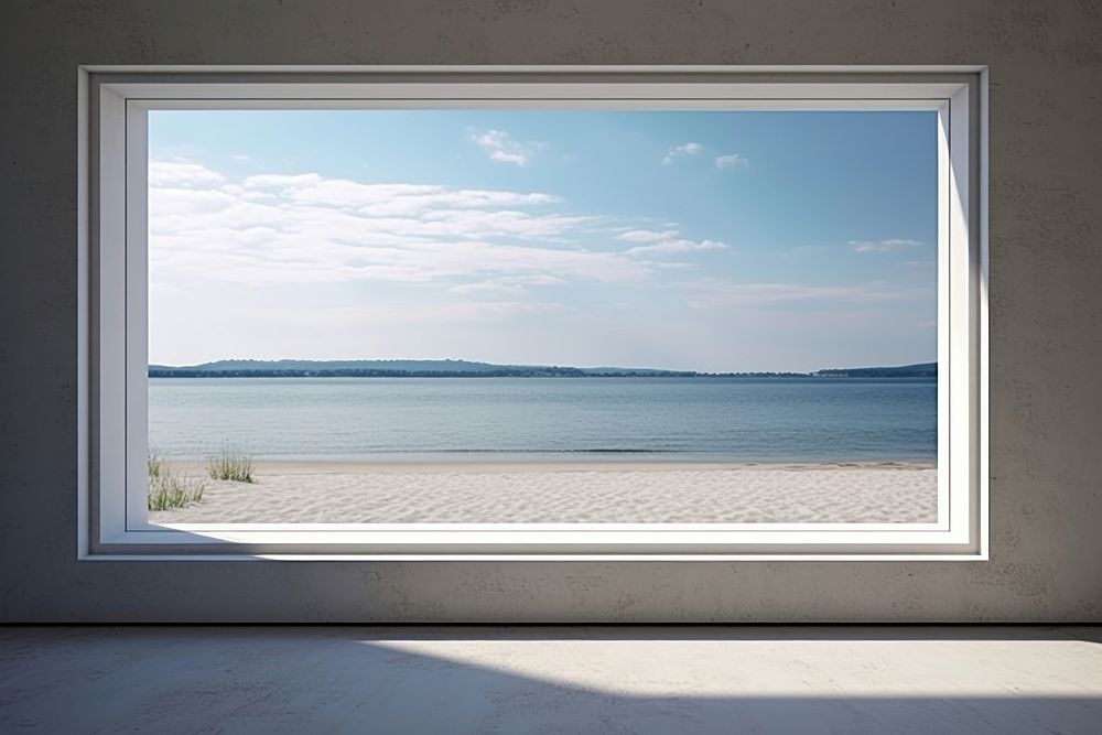 Window inside minimal bungalow outdoors nature sea.