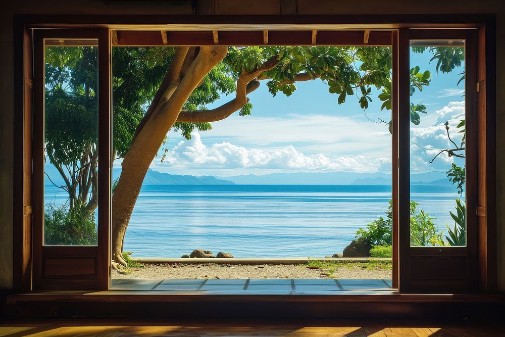 Window inside bungalow outdoors nature sea.