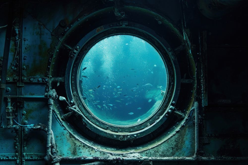 Underwater scape porthole marine window.