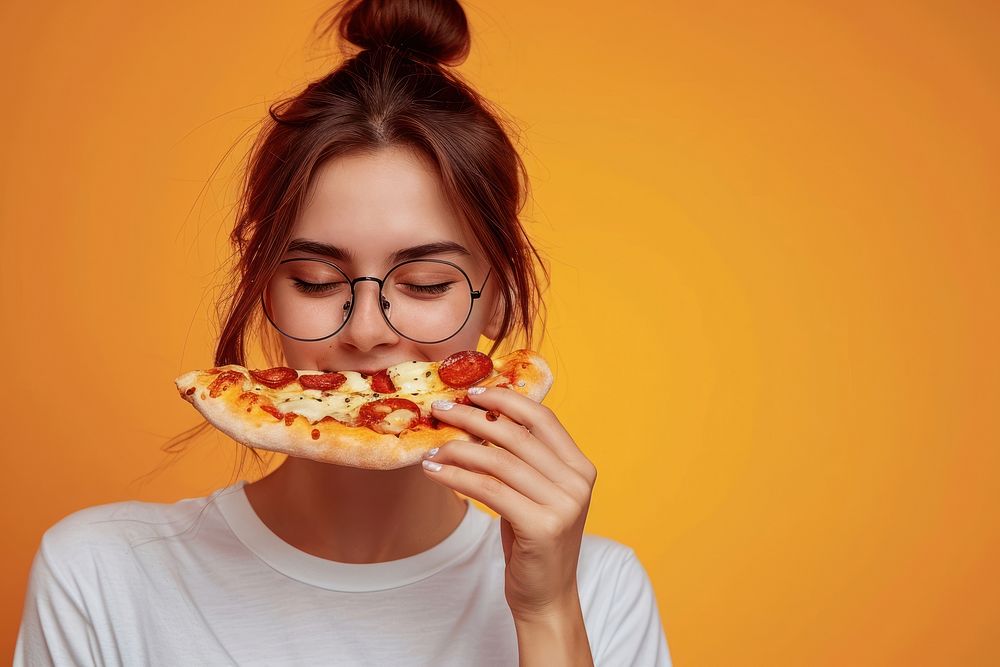 Woman wear glasses pizza biting eating.