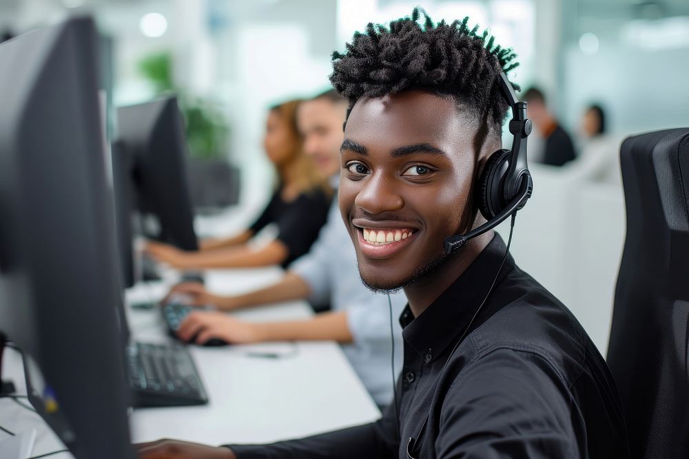 Young male multi ethnic customer service at work headphones computer headset.