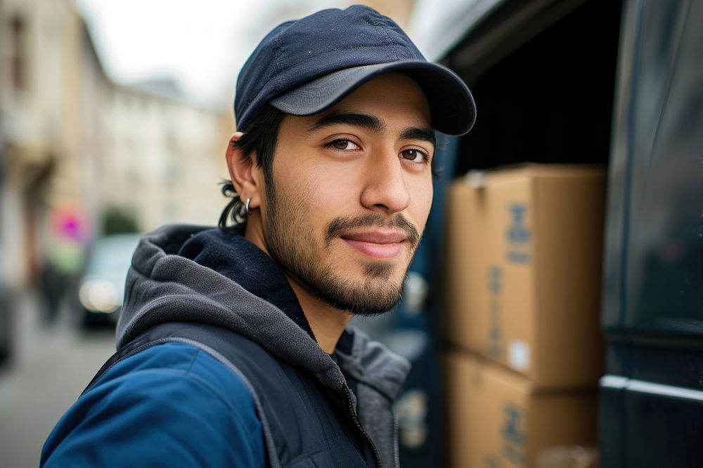Young multi ethnic delivery driver portrait adult photo.