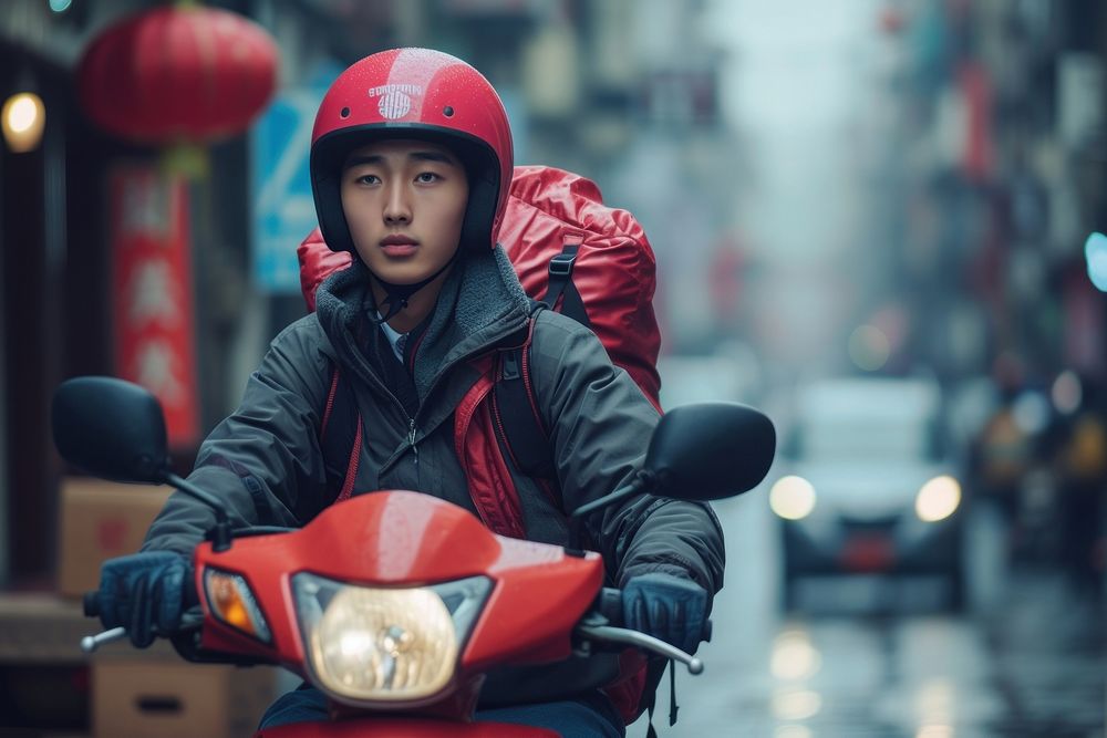 Young multi ethnic delivery rider motorcycle vehicle sports.