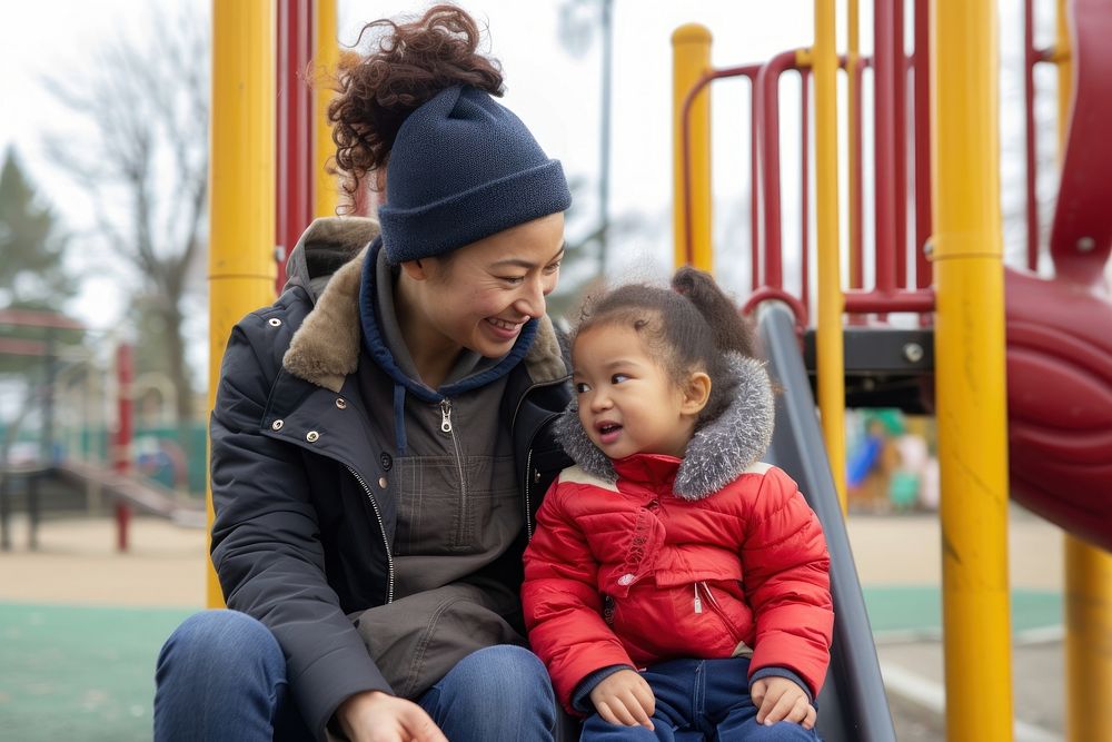 Multi ethnic nanny at playground outdoors baby togetherness.