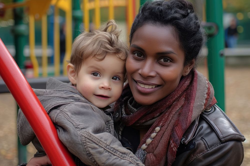 Multi ethnic nanny at playground portrait outdoors scarf.