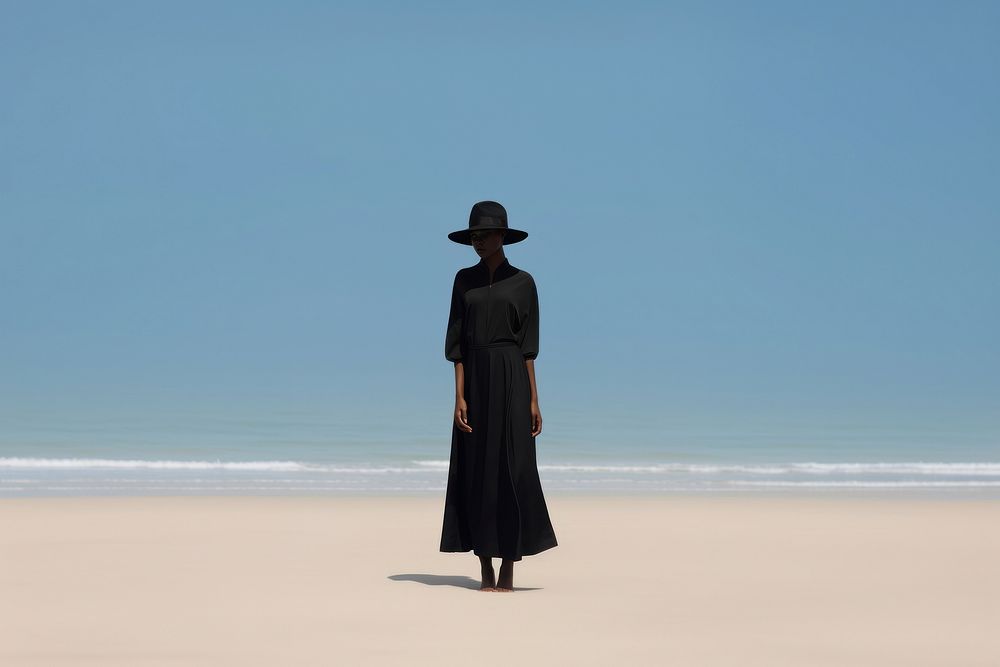 Black woman wear minimal beach fashionable standing adult tranquility.