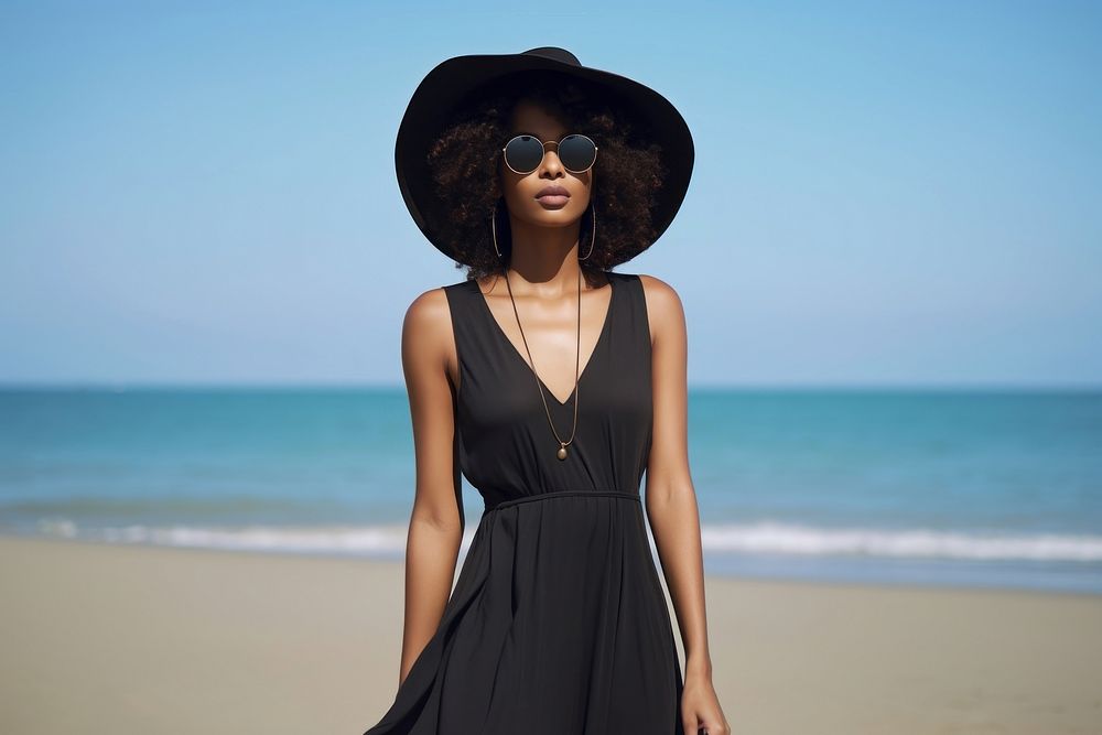 Black woman wear minimal beach fashionable portrait dress adult.
