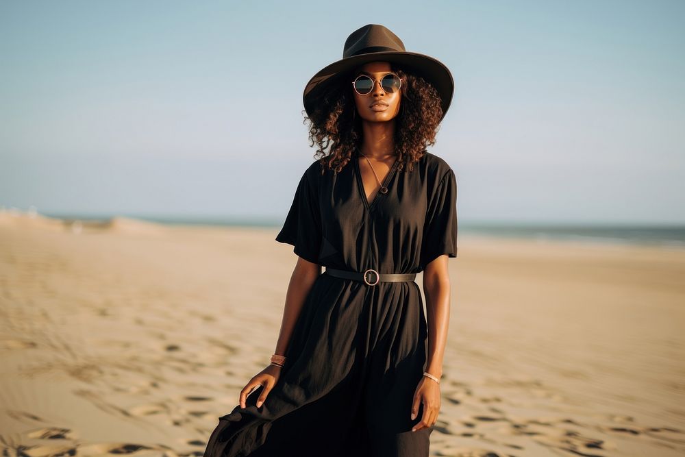 Black woman wear minimal beach fashionable portrait adult tranquility.