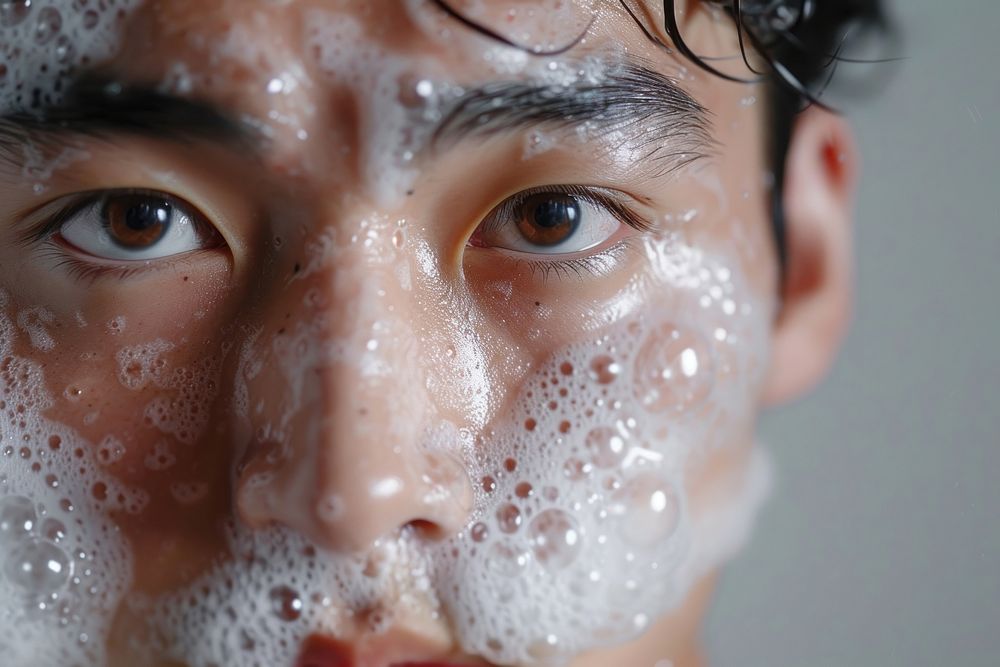 Japanese man washing face forehead.