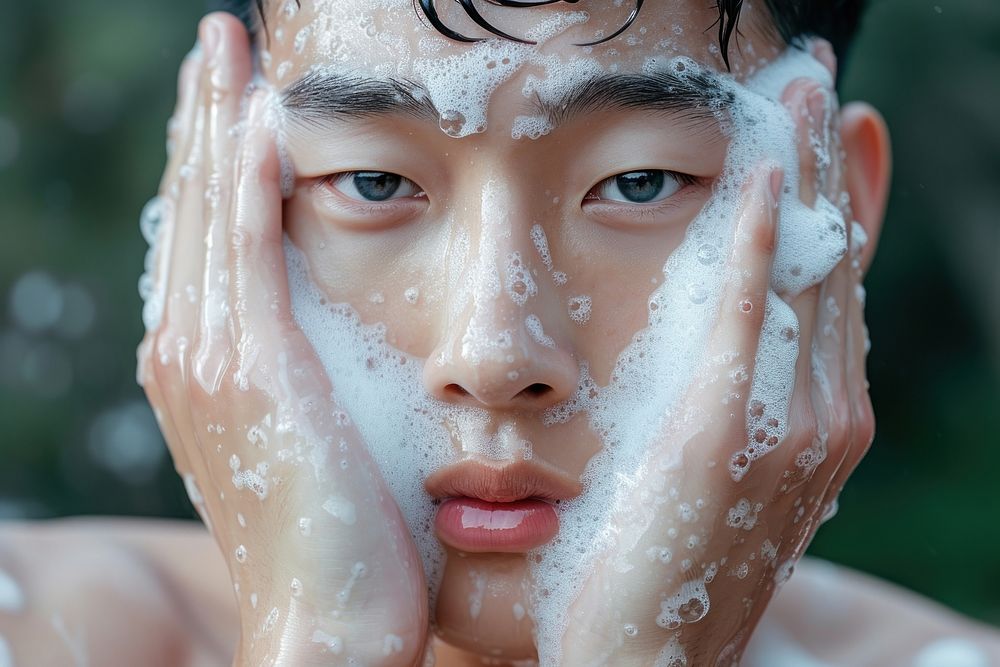 Korean man washing adult face.