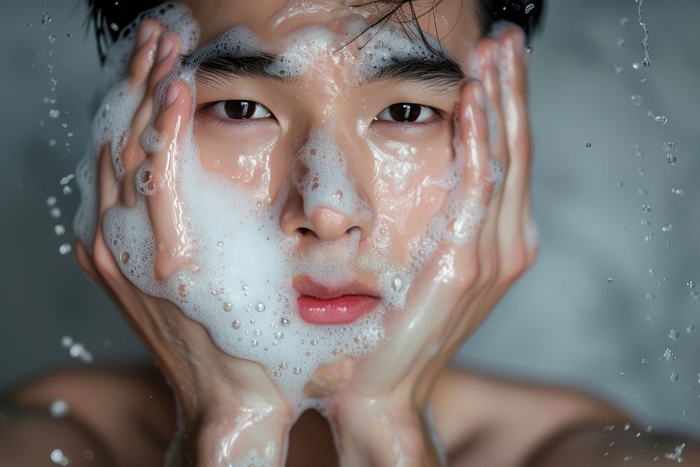 Korean man washing headshot portrait.