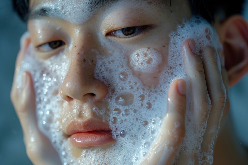 Korean man washing cleaning headshot.