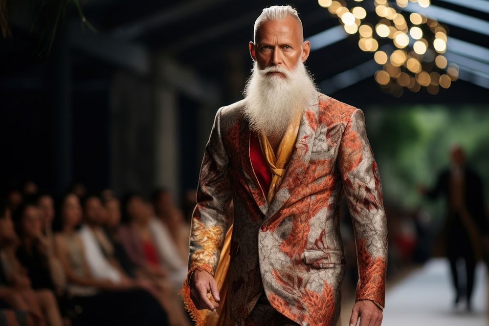 Thai male elder model fashion runway beard.