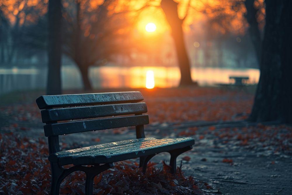 Photo of bench at park furniture sunlight sunset.