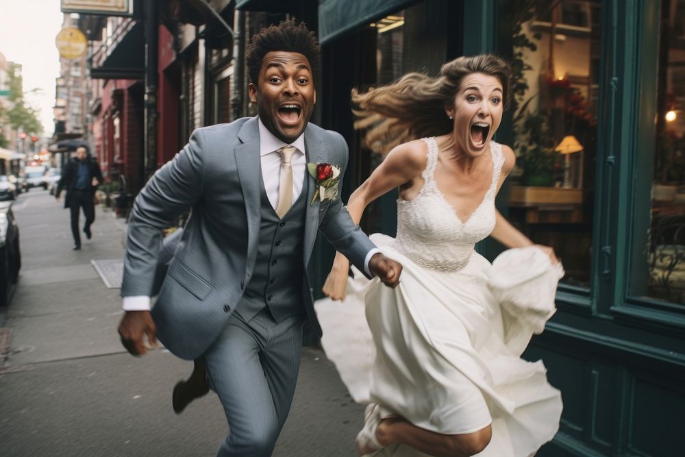 Groom carrying bride cheerful laughing running.