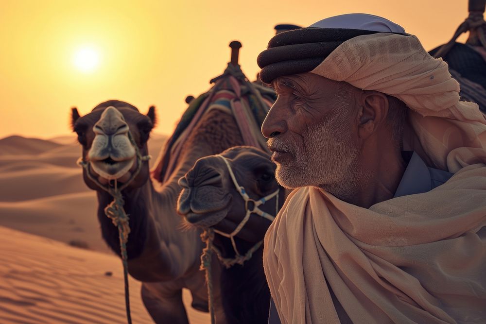 Middle eastern man camel outdoors desert.