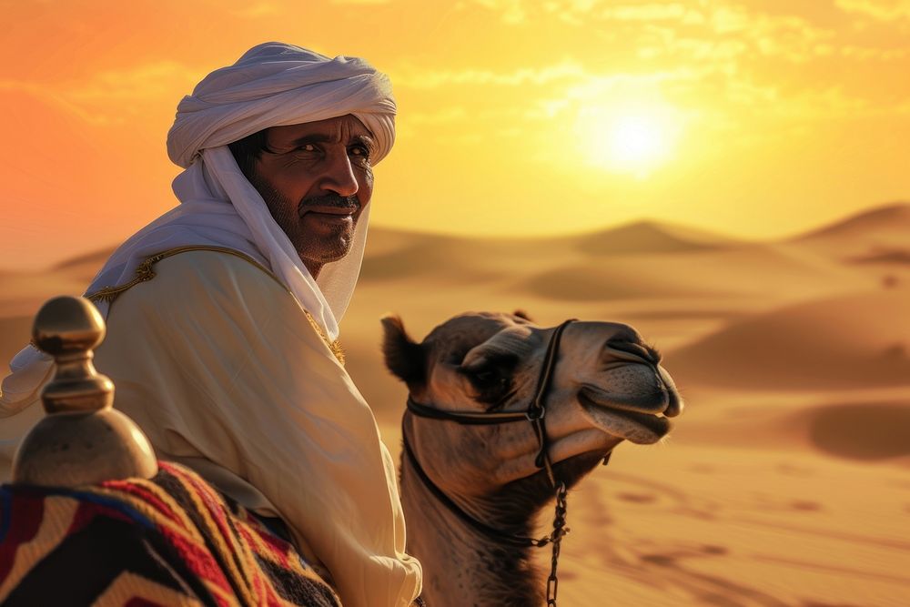 Middle eastern man outdoors desert sunset.
