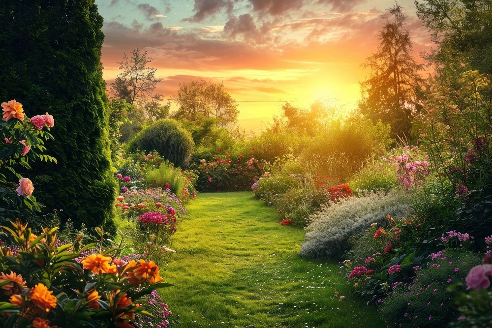 Photo of english garden sky landscape sunlight.