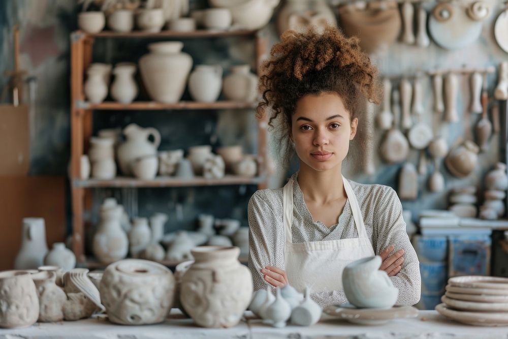 Female multi ethnic ceramist at ceramic studio pottery adult concentration.
