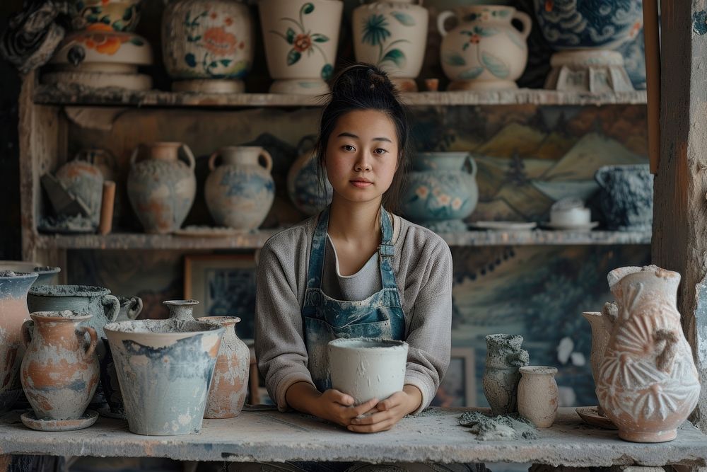 Female multi ethnic ceramist at ceramic studio pottery cup concentration.