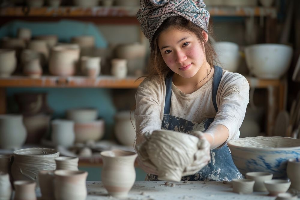 Female multi ethnic ceramist at pottery studio art concentration craftsperson.