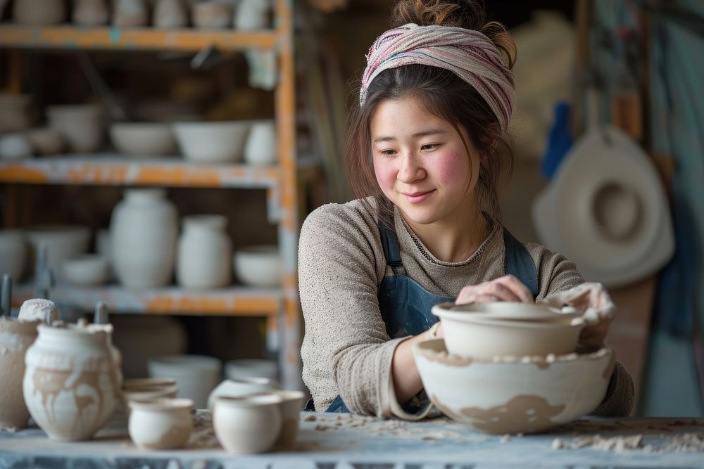 Female multi ethnic ceramist at pottery studio concentration craftsperson earthenware.