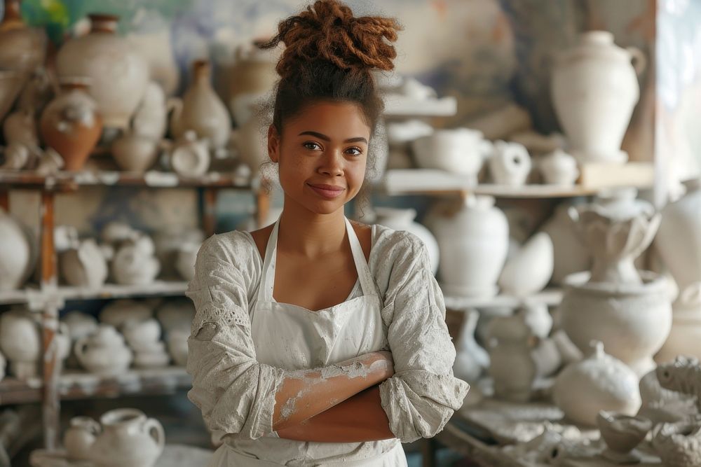 Female multi ethnic ceramist at pottery studio entrepreneur architecture creativity.