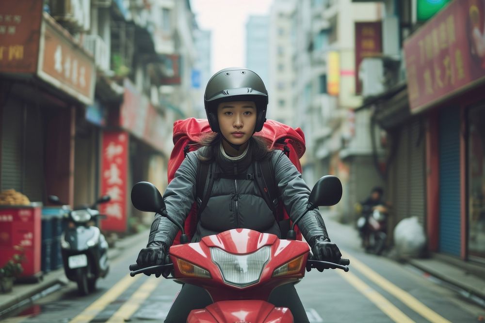 Female multi ethnic food delivery rider motorcycle vehicle scooter.