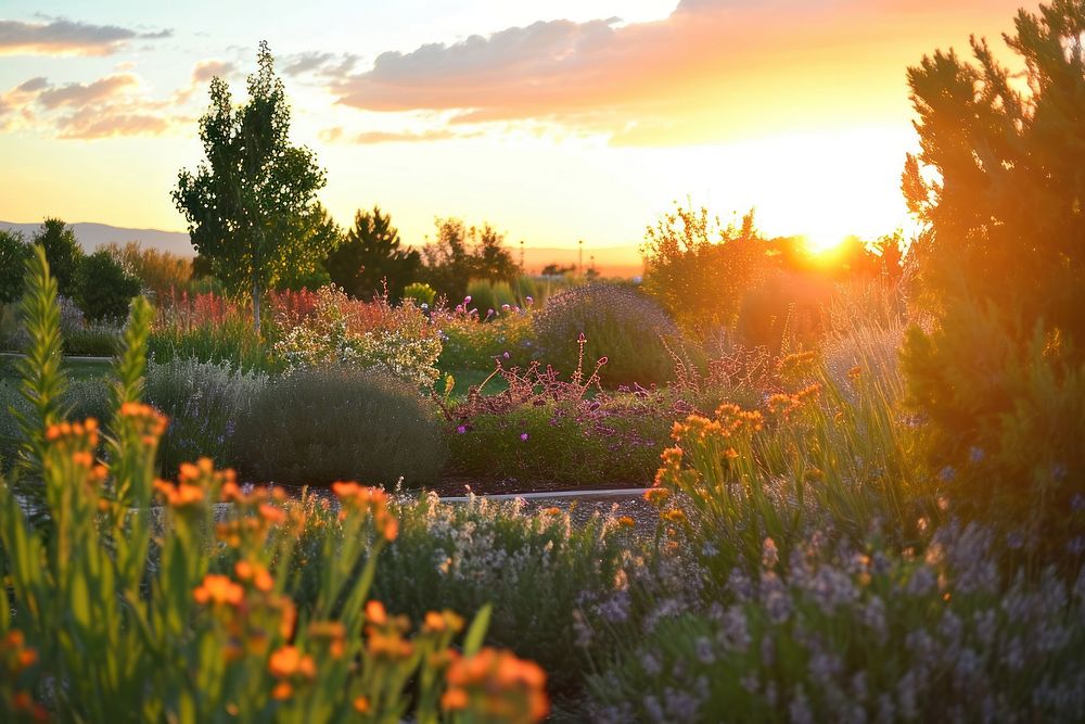 Photo of herb garden sunlight sunset sky.