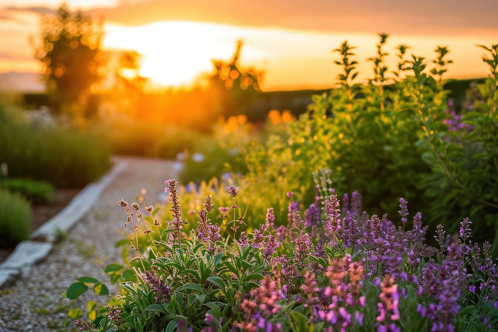 Photo of herb garden sunlight sunset herbs.