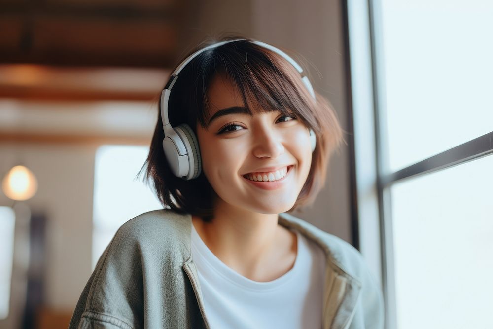 Japanese woman smiling at home in headphones technology headset adult. AI generated Image by rawpixel.