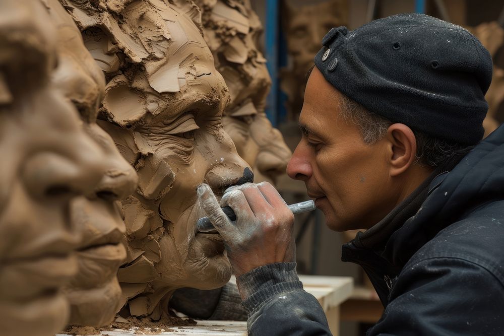 Multi ethnic sculptor at work adult concentration craftsperson.