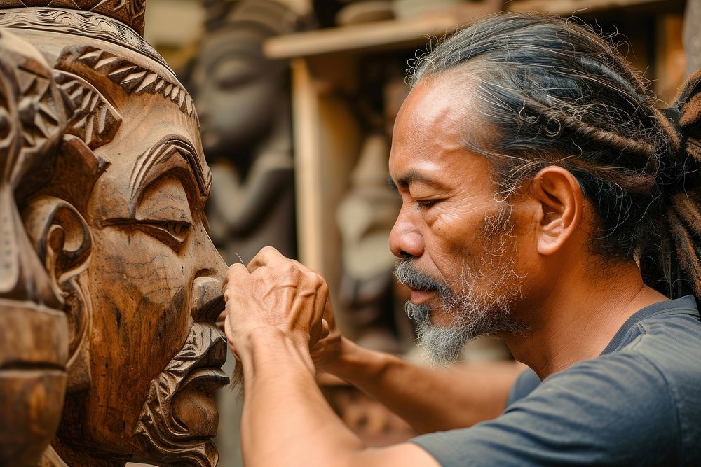 Multi ethnic sculptor at work adult craftsperson woodworking.