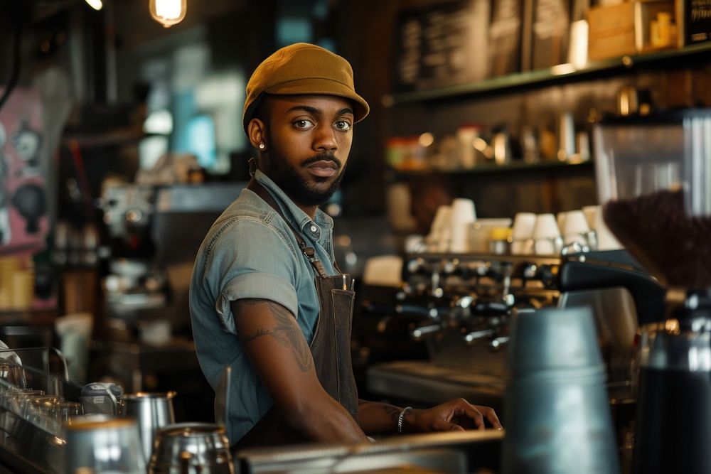 Multiracial barista at cafe adult entrepreneur coffeemaker.
