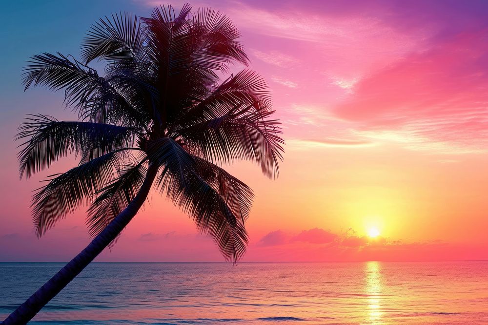 Photo of palm tree at sea sky sunlight outdoors.