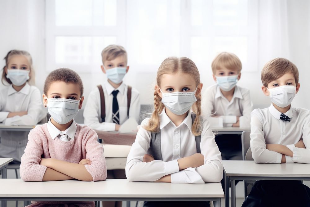 Real children with face mask in classroom student togetherness architecture.