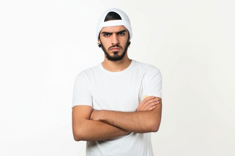 Young middle eastern man portrait t-shirt serious.