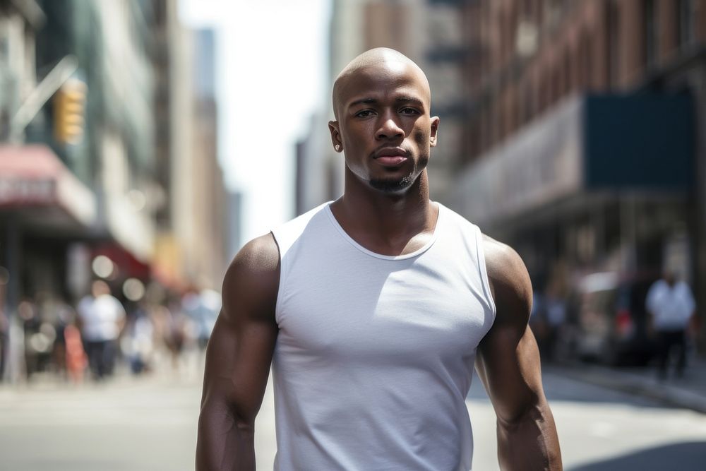 Black man buzz cut hair wearing white tank top and blue jean running street adult.