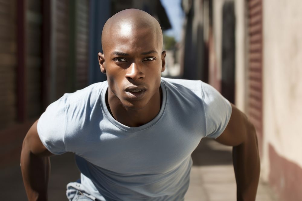 Black man skinhead wearing white tanktop and blue jean running adult determination.