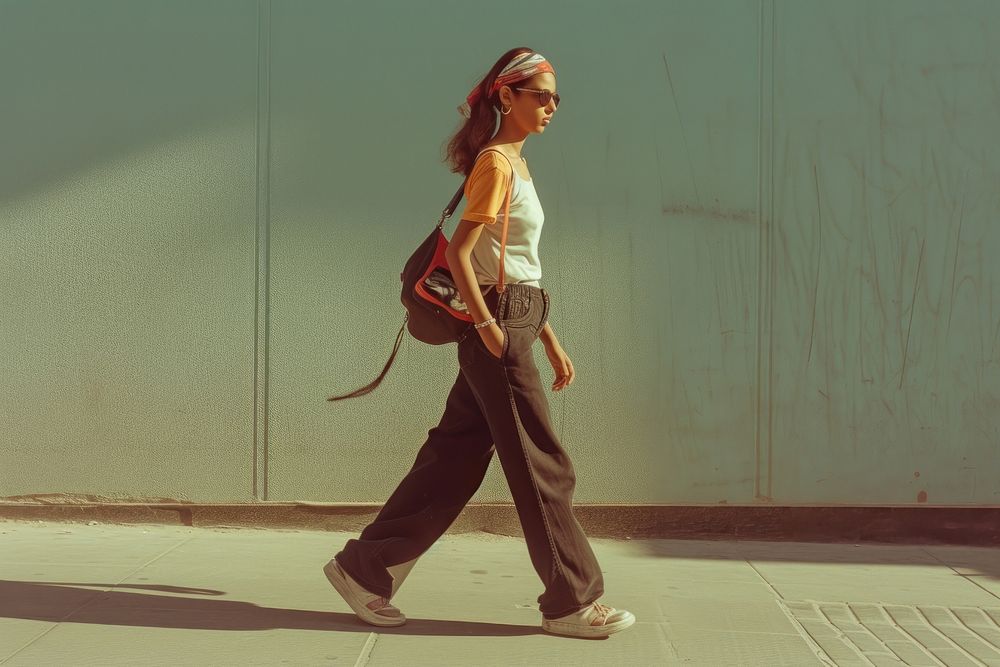 Middle Eastern girl walking footwear glasses fashion.
