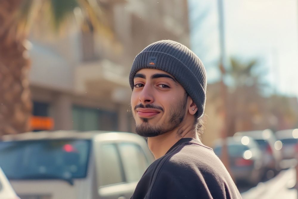 Middle Eastern man happy face portrait street adult.