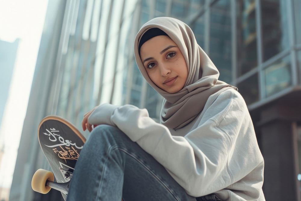 Middle Eastern woman playing skateboard portrait sitting adult.