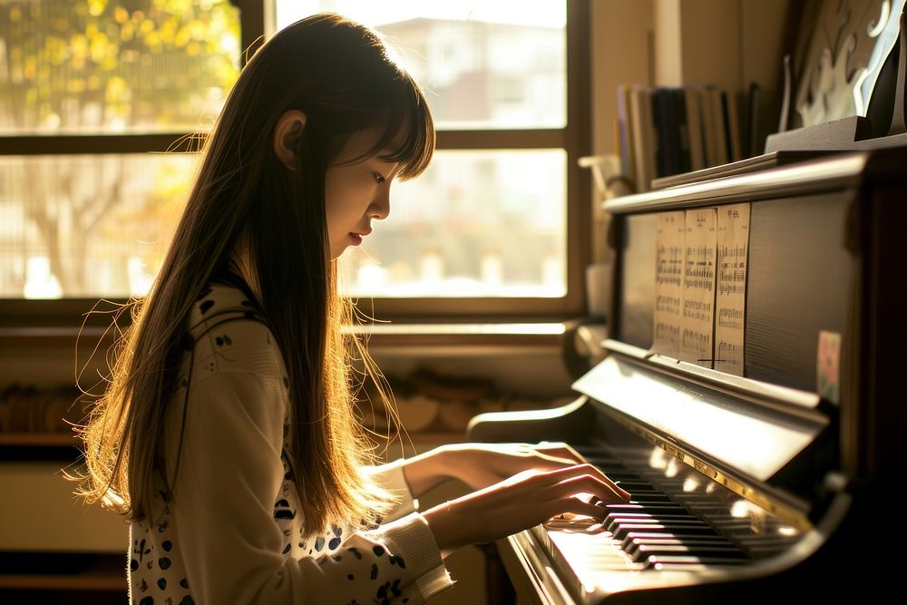 Japanese high school woman piano keyboard musician.