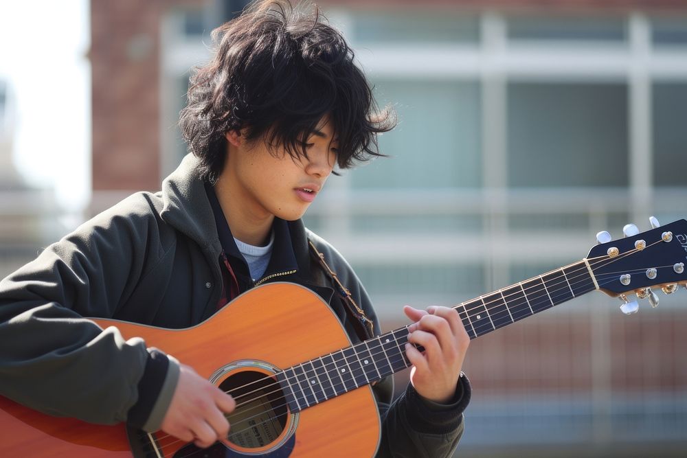 Japanese high school man guitar musician architecture.