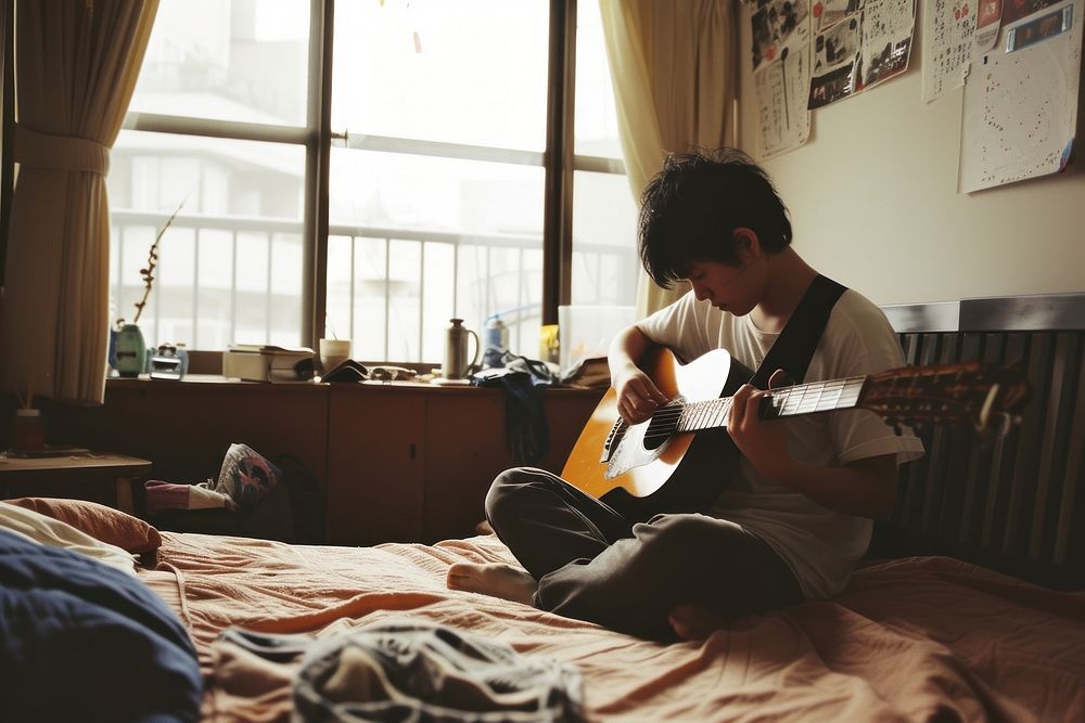 Japanese high school man guitar bed furniture.