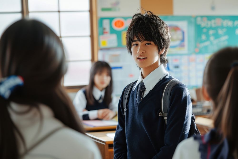 Japanese high school student classroom uniform togetherness.