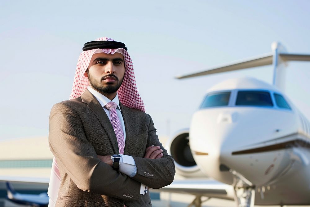 Middle eastern businessman aircraft airplane portrait.