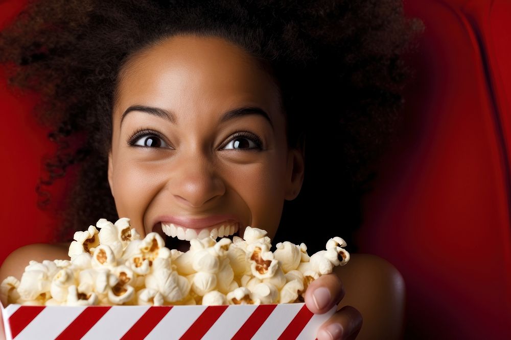 Black woman holding popcorn portrait smiling food.